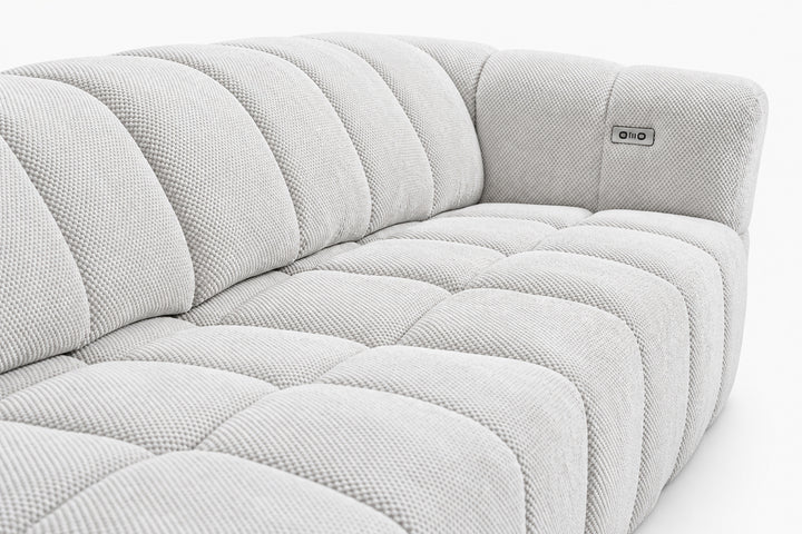 baltas sviesiai pilkos spalvos sofa kampas su elektriniu valdymu polar