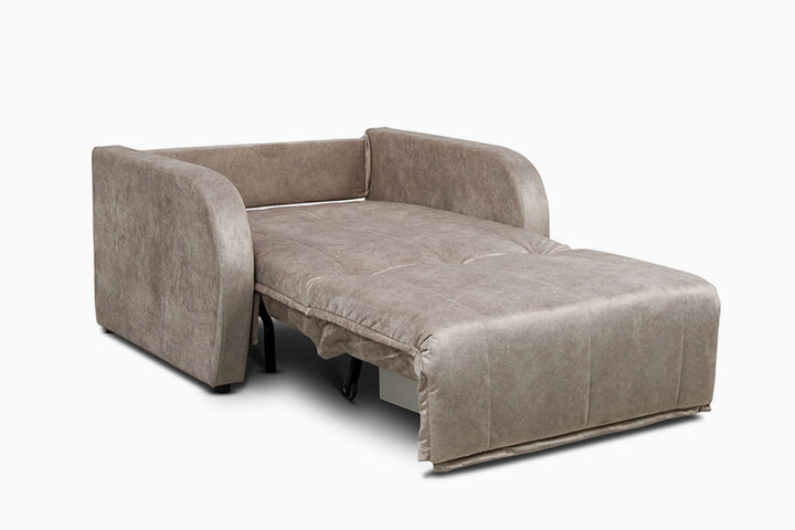sviesiai rudos spalvos kompaktiska sofa lova mikela su miegama dalimi