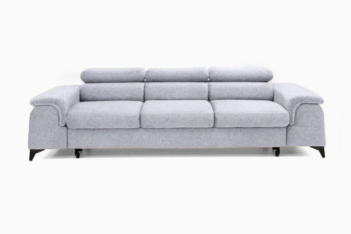 sviesiai pilka sofa lova palace su miegama dalimi ir patalynes deze